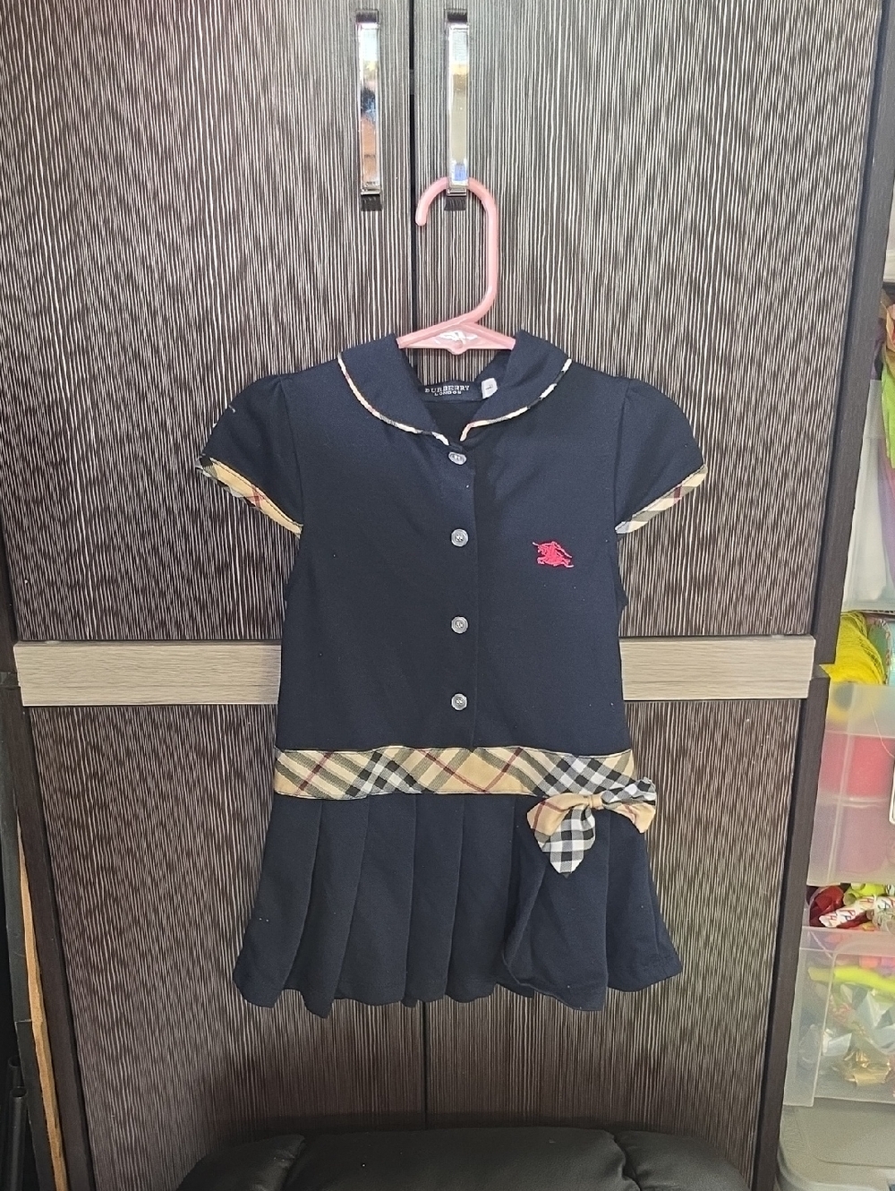 Kids Burberry Navy Plaid Trim Button-Front Dress with Red Logo